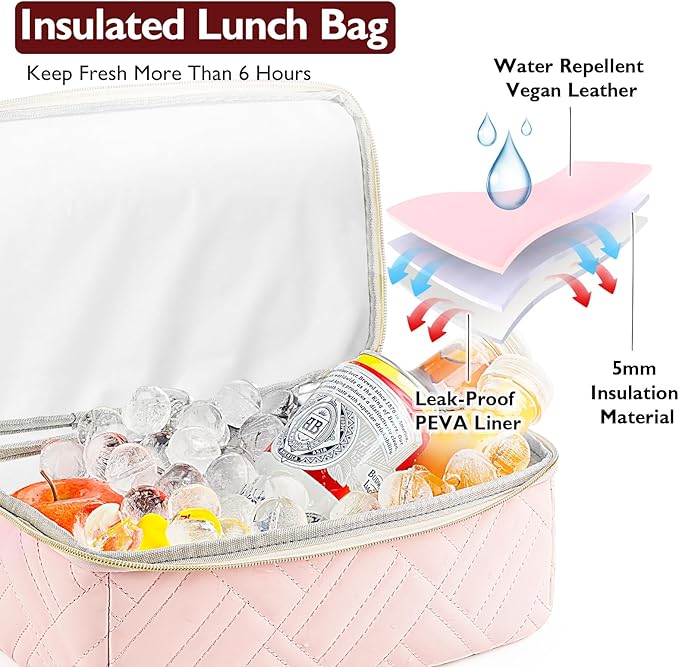 Double Deck Lunch Box Bag Women - Vegan Leather Insulated Waterproof Leakproof Cooler for Work Travel Picnics - Teacher Mothers Day Christmas Birthday Gifts