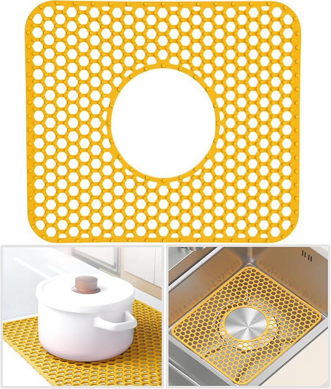 Silicone Sink Protectors for Kitchen - Non-Slip Heat Resistant Grid Mat for Farmhouse Porcelain Stainless Steel, Protects & Cushions Your Sink(Yellow 1PCS, 12.4"x10.4" Center Drain)