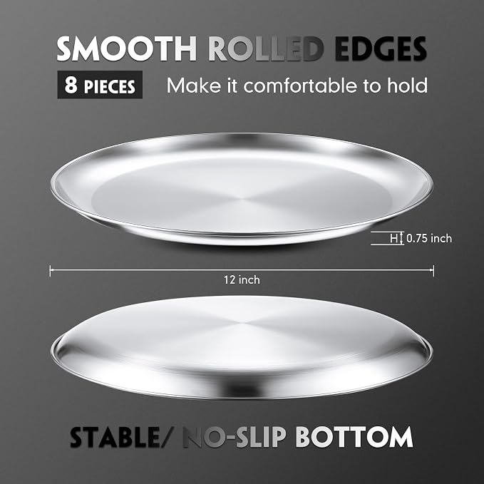 Thenshop 8 Pieces 12 Inch Pizza Pans Bulk Stainless Steel Sets Round Bakeware Pizza Trays for Oven Freezer Kitchen Baking Home Restaurant Picnics Safe Sturdy Reusable Easy Clean(Silver)