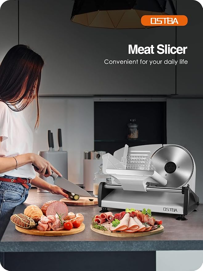 OSTBA Meat Slicer 200W Electric Deli Food Slicer with 2 Removable 7.5" Stainless Steel Blade, Adjustable Thickness for Home Use, Child Lock Protection, Easy to Clean, Cuts Meat, Bread and Cheese