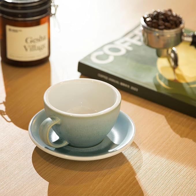 Loveramics Matt Cappuccino Cup, 10 oz Ceramic Latte Art Mug with Saucer, Thick-walled stoneware cup Set, Barista Latte Cup Set for Latte, Cappuccino, Tea - Mineral Colors (Glacier, 10OZ)