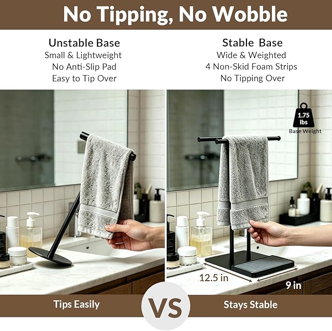 NADAMOO Towel Holder Stand, Adjustable Height 13.8"-24" Freestanding Double Bar Towel Rack with Stone Drying Tray, Wide Weighted Base, Rustproof Black Metal, for Bathroom, Kitchen Countertop