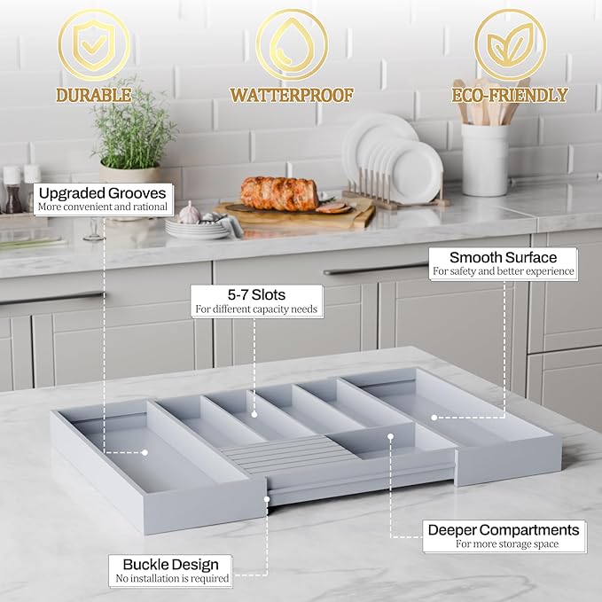 Bamboo Kitchen Silverware Drawer Organizer - Expandable Wood Utensil Holder with Dividers, Luxury Cutlery Storage Tray for Kitchen Utensil and Flatware (5-7 Slots with Removable Knife Block, Grey)