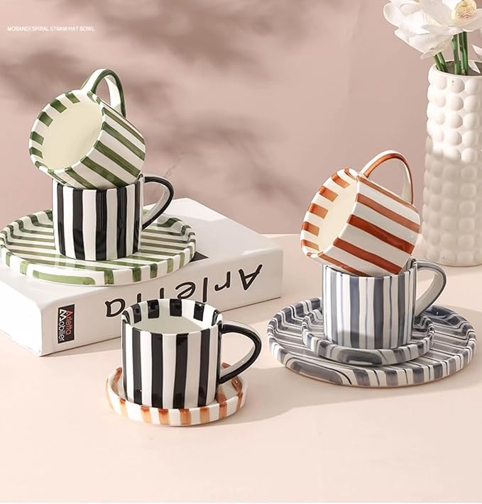 Cup and Saucer Set Hand-Painted Black Stripes, 8 Oz Ceramic Coffee Mug, Espresso Cups, Porcelain Coffee Cup for Cappuccino, Espresso, Coffee, Tea, Cafe Mocha, Latte, Set of Cup Gift for Coffee Lover