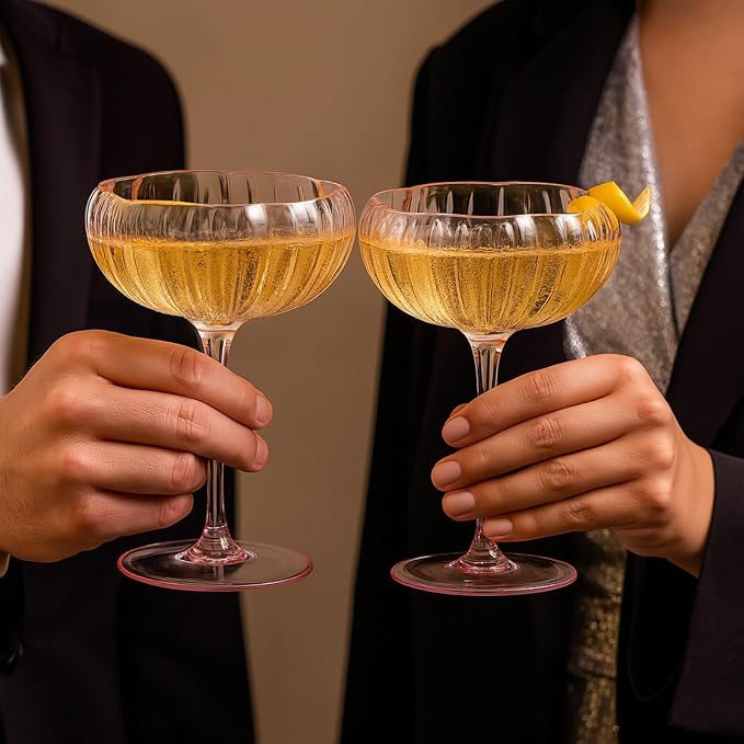 Khen Flower Modern Wavy Glass Coupes Martini, Champagne & Cocktail Coupes - Set of 2-7.7oz Colorful Cocktail Glasses & Prosecco, Mimosa Glassware Copyright Design - Blush Pink