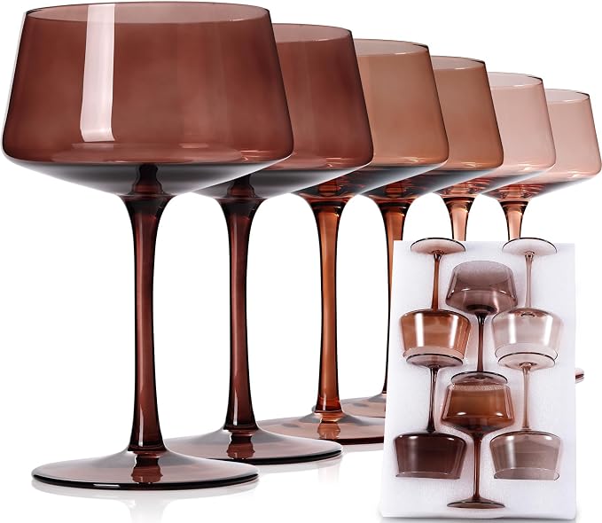JOVGANK Amber Coupe Glasses Set of 6, Hand Blown Brown Martini Glasses 13Oz, Champagne & Cocktail Luxury Coupe Glasses, Bar Manhattan Glass, Mother's Day Gift for Espresso Martini Glass