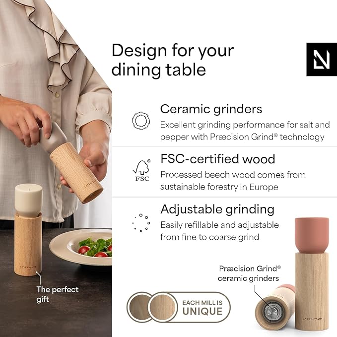LARS NYSØM Wooden Salt and Pepper Grinder Set Manual with Tray - Salt and Pepper Mills with Adjustable Ceramic Grinder - Elegant Beechwood Pepper and Salt Mill Set for Dining Table (Brick Red)