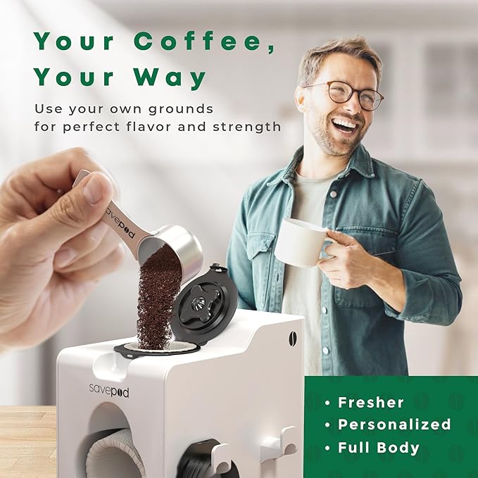 Savepod Coffee Pod Maker Bundle – Reusable Pod Maker Kit Includes Universal Ring, Stainless Steel Scoop, 50 Compostable Filters & Manual PodMaker for Keurig Coffee Maker, Daily Coffee Refill, White