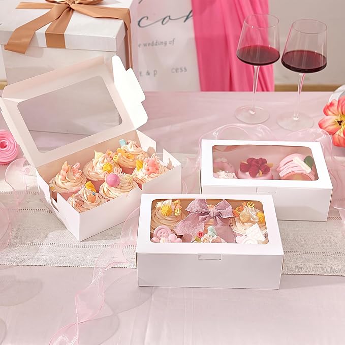 TOMNK 6 Count White Cupcake Boxes with Window - 36 Total Capacity Cupcake Carrier Sets for Birthday Holiday Party Bakery Supplies
