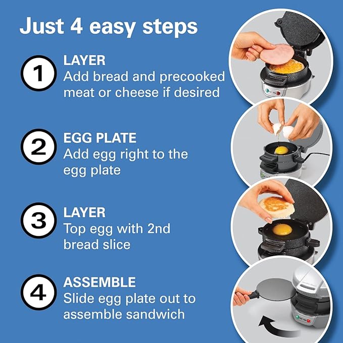 Hamilton Beach Breakfast Sandwich Maker with Egg Cooker Ring, Customize Ingredients, Perfect for English Muffins, Croissants, Mini Waffles, Perfect White Elephant Gifts, Silver (25475)