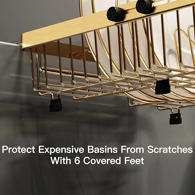 MAJALiS Gold Dish Drying Rack Over The Sink with Utensil Holder | Expandable Stainless Steel Dish Drainer for Small Kitchen, Apartment, RV, Counter Space Saving, Perfect Fit, Rustproof