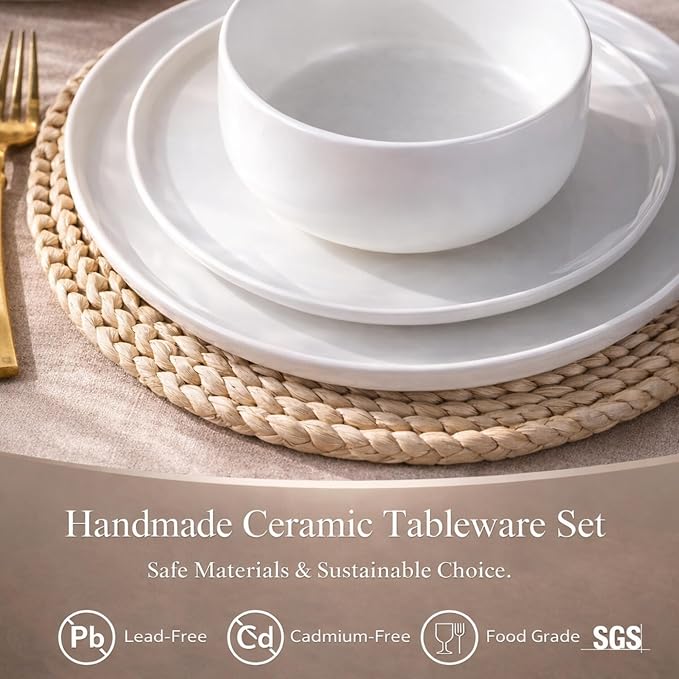 LERATIO Stoneware Dinnerware Sets for 6,Handcarft Ceramic Plates and Bowls Sets,Chip and Scratch Resistant Dishes, Dishwasher & Microwave Safe, Oven safe,Reactive Glaze-White