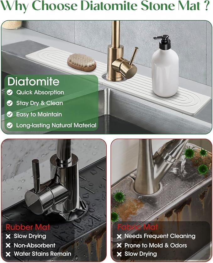 Stone Drying Mat for Kitchen Faucet: Diatomite Stone Drying Tray - Fast Water Absorbent Kitchen Sink Splash Guard for Bathroom Faucet & Counter - Ideal for Moms & Housewife (White, 23.6" x 3.94")