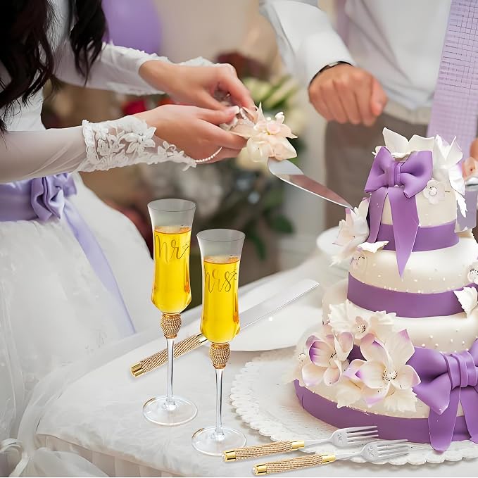 Wedding Cake Knife and Server Set, Gold Cake Cutting Set for Wedding, Mr and Mrs Champagne Flutes for Bridal Shower Gifts Engagement Gifts for Couples