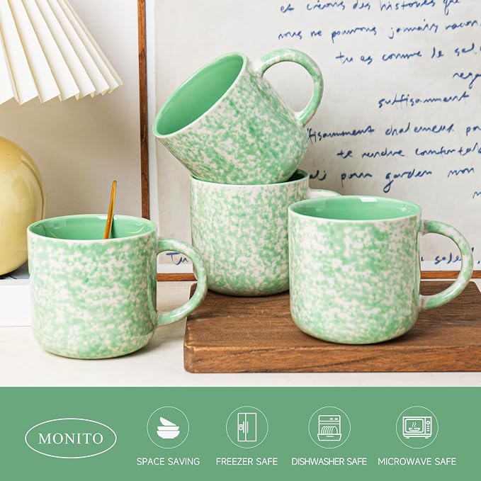 MONITO 12 OZ Coffee Mugs Set of 4, Modern Ceramic Coffee Mugs Set with handle for Tea/Latte/Cappuccino/Milk/Cocoa.Green