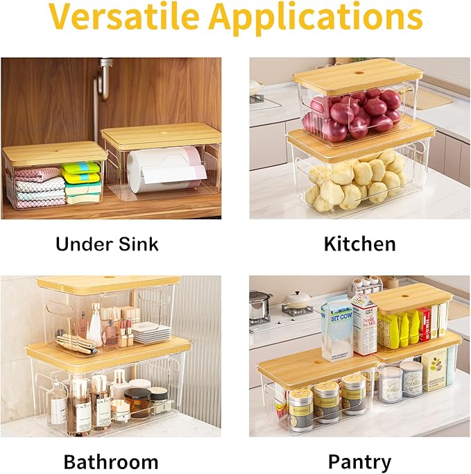 FELIZHOUSE 2 Pack Trash Bag Holder with Bamboo Lid, Stackable Garbage Bag Dispenser Under Sink , Storage Organizer for Kitchen, Laundry, Pantry