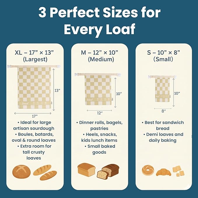3-Pack Reusable Beeswax Bread Bags (XL, M, S) - Organic Cotton Beeswax Bread Storage Bag for Homemade Bread & Sourdough Freezer-Safe, Breathable & Freshness Support - Eco-Friendly Bread Bag
