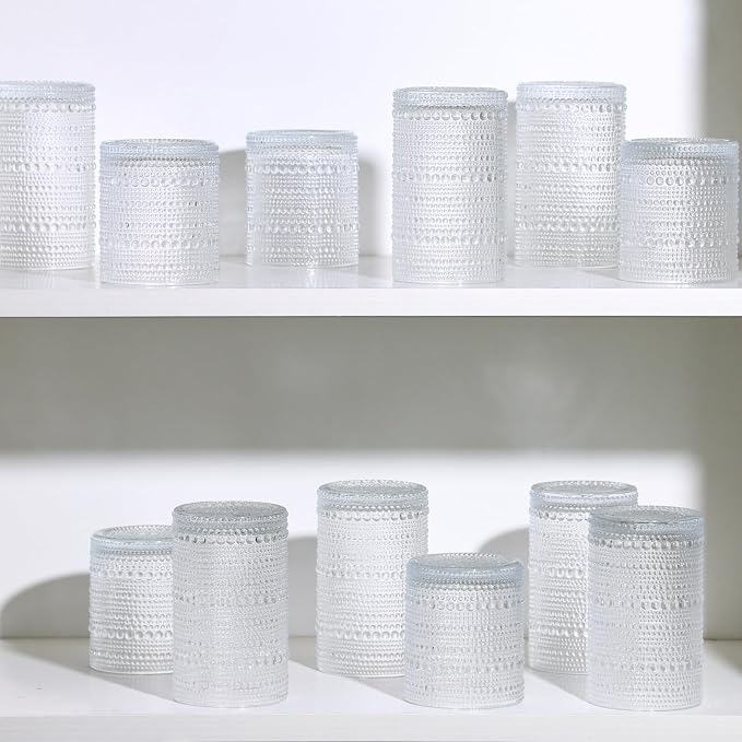 Moretoes Kitchen Hobnail Drinking Glasses Set of 6, 12 Oz Highball Glasses & 10 Oz Cocktail Glasses, Clear Embossed Boho Glass Cups Kitchen Bar Tumbler Glassware Set for Whiskey, Beer, Juice, Milk