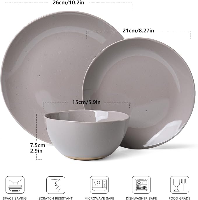Dinnerware Sets for 4, 12 Pieces Stoneware Plates and Bowls Sets, Dishwasher&Microwave Safe,Modern Minimalist Tableware for Everyday Use, Gray