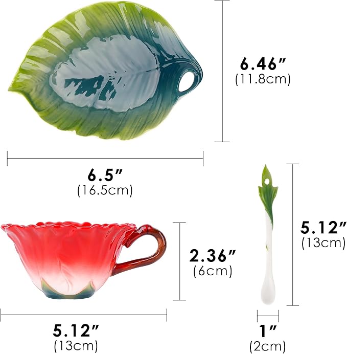 Hibiscus Flower Tea Cup and Saucer Set 6 Oz, Enamel Flower Porcelain Coffee Cup Saucer Set with Spoon for Women, Hand Crafted Tea Set (Hibiscus)
