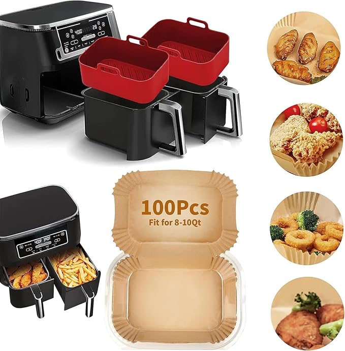 100Pcs Air Fryer Disposable Liners+ 2Pcs Silicone Liners Sets for Ninja DZ201 SL201 DZ090 6-8Qt, Rectangular Air Fryer Inserts Accessories for Chefman/Instant Dual Basket, Parchment Paper Liners+Red