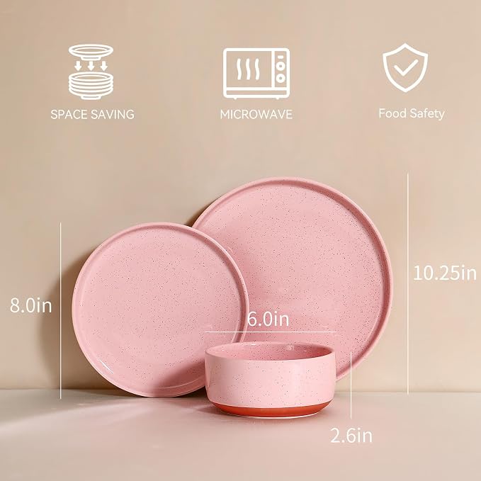GZG Modern Art Series - 18 Pcs Speckled Stoneware Plates and Bowls Sets, Ceramic Dinnerware Set with Rustic Terracotta Underside, Microwave and Dishwasher Safe Handcrafted Dishes Set - Blush Pink