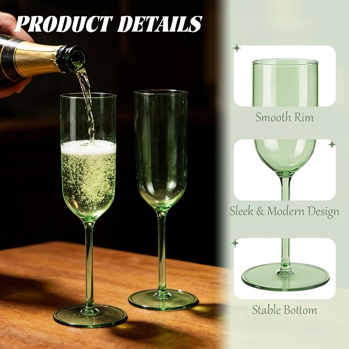 Plastic Champagne Flutes Set, 6oz Unbreakable Champagne Glasses Bulk, Shatterproof Reusable Mimosa Prosecco Sparkling Wine Cups for Wedding Party (Green, 12pcs)