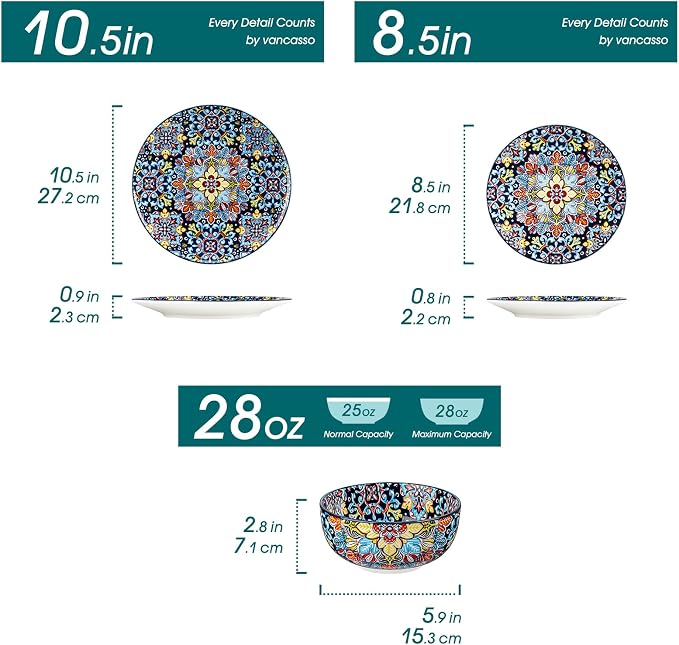 vancasso 12 Pieces Dinnerware Sets, Red Plates and Bowls Set, Porcelain Dishes Set for 4, Microwave and Dishwasher Safe, Scratch Resistant, Bohemian Style Dining Ware Service for 4, Series SIMI