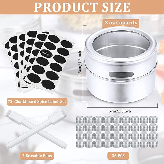 Chengu 36 Pack Magnetic Spice Jars for Refrigerator 3 oz Magnetic Spice Containers Stainless Steel Seasoning Tins with Clear Lid, with 72 Pcs Labels Marker and 2 Pens for Grill Kitchen Fridge Rack