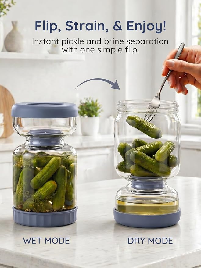 Homnoble Pickle Jar with Strainer Flip for Pickle Juice Separator from Wet and Dry, Upgrade Food-grade ABS Lid and BPA Free Hourglass Pickle Jar for Airtight Food Storage, Haze Blue