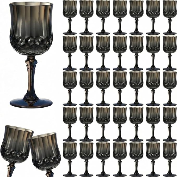 Pinkunn 50 Pcs 7 oz Plastic Vintage Wine Glasses Reusable Colored Goblets Patterned Drinking Water Glasses Cup Dishwasher Safe for Mother's Day Wedding Reception Party Supplies (Black)