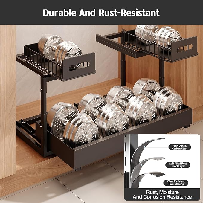 Buwico Expandable under cabinet organizer, 2-Tier under sink organizer with Reinforced Ball-Bearing slide rail, Slide-Out sink Shelf Height Adjustable, Durable and rust-proof for Kitchen & Bathroom