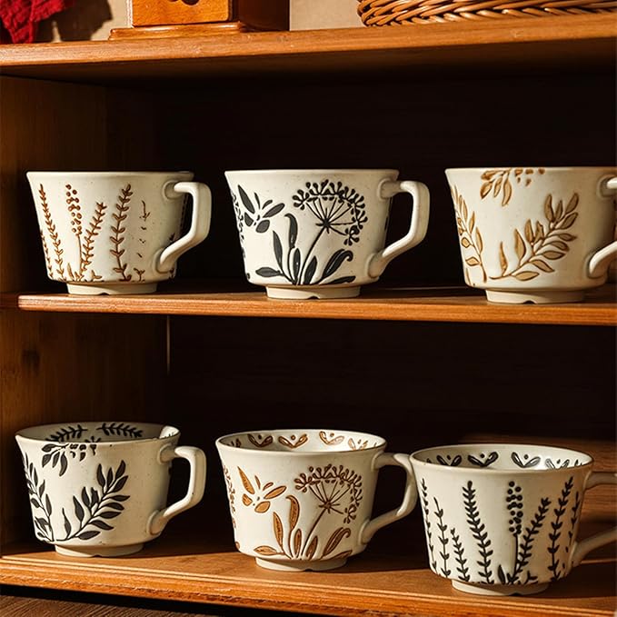 12 oz Vintage Ceramic Coffee Mug Set of 4 - Handmade Stoneware Pottery Countryside Farmhouse Fall Autumn Tea Mugs with Big Handle for Latte,Cocoa,Dishwasher & Microwave Safe Cups (Plants)