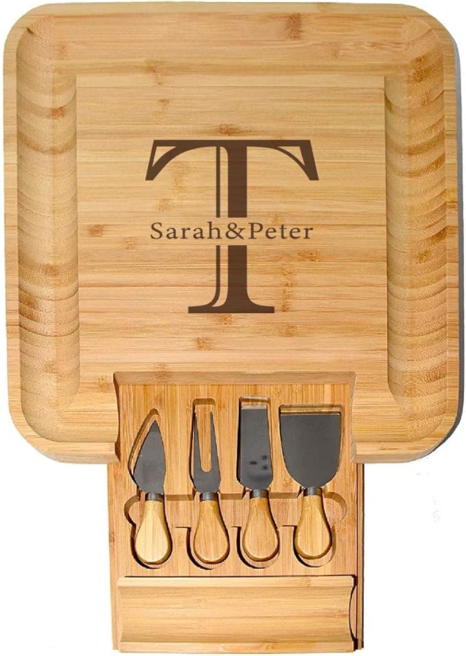 BT Trendz Personalized Charcuterie Board/Customized Bamboo Cheese Board/Serving Tray and Knife Set - Perfect Corporate, Wedding, Closing, Realtor, Birthday, Housewarming Gift - Gift for Dad/Mom (02)