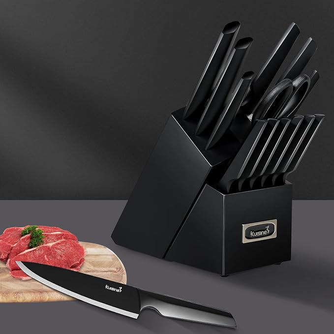 Kuisine Black Knife Set, 15-Piece High Carbon Stainless Steel Ultra Sharp Knife Block Set, Ergonomic Handle with Sharpener for Kitchen(15 PCS Black EX)