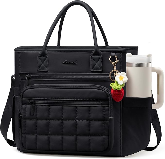 LOVEVOOK Insulated Lunch Bag Women,Puffer Adult Lunch Box for Women with Handmade Strawberry Charm,Wide Opening Leakproof Cooler Bag with Cup Holder for Work Picnic Beach Family College Mom Teacher