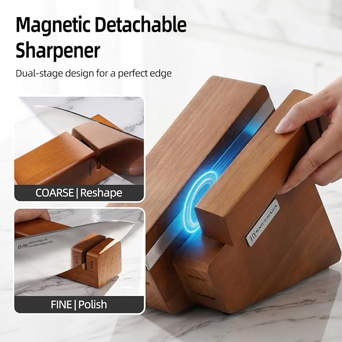 KnifeSaga Kitchen Knife Set with Block and Detachable Sharpener | 8-Piece High Carbon Stainless Steel Knife Block Set, Fully Forged Blades & Compact Design