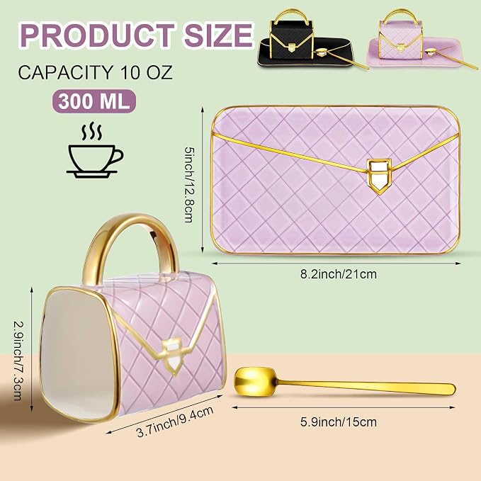 Zubebe 2 Set Coffee Mug Elegant Handbag Shaped Cup Modern Ceramic Purse Mug with Spoon and Saucer, 10oz Cute Creative Tea Cup for Woman Girls Gift (Purple,Black)
