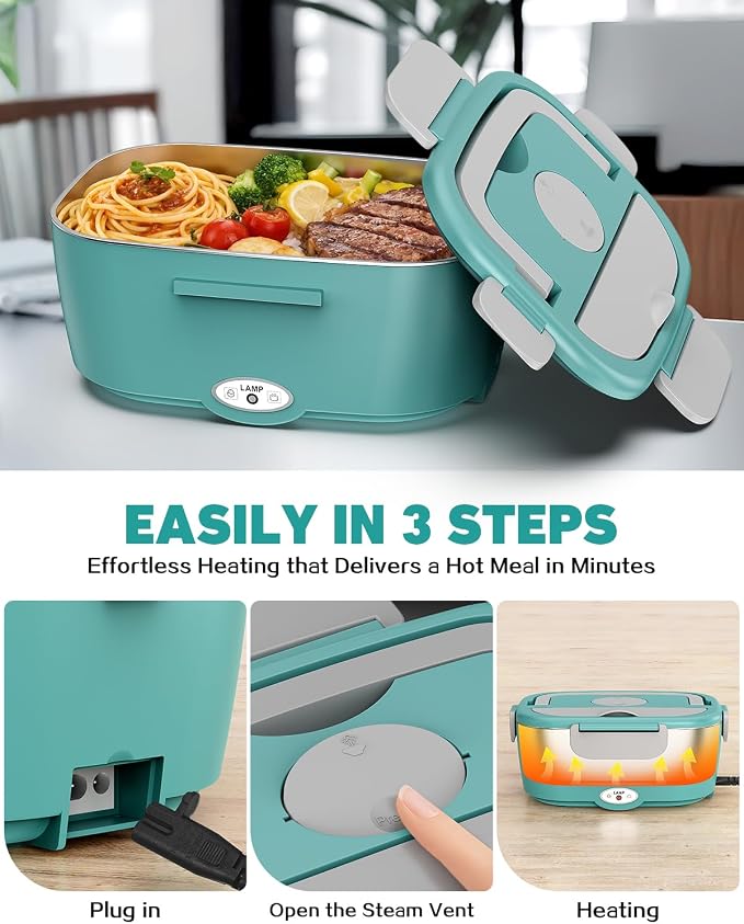 80W Electric Lunch Box Food Warmer for Car/Truck/Office, 110V/24V/12V Portable Heated Lunch Box for Adults, Dual 1.5L Stainless Steel Containers, Leak-Proof & Fast Heating, 3-in-1 Design