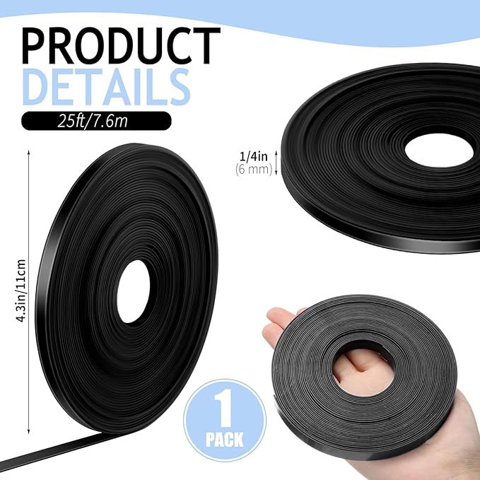 Tellegloww Black Magnetic Tape Roll Thin Strips, 1/4 inch x 25 feet Magnetic Board Dividers Whiteboard Graphic Decorative Tape Marking Line for Classroom Office Art Accessories