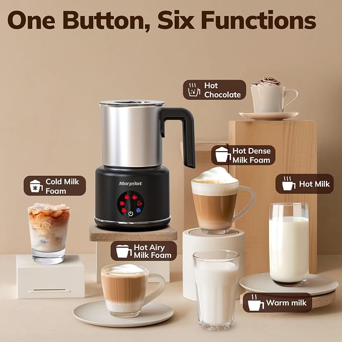 Large Electric Milk Frother and Steamer, 16.9oz/500ml Milk Steamer and Frother for Latte or Hot Chocolate, Dishwasher Safe, 6 Functions, Enjoy Perfect Milk Froth in 2 Min (Black-Stainless Steel)