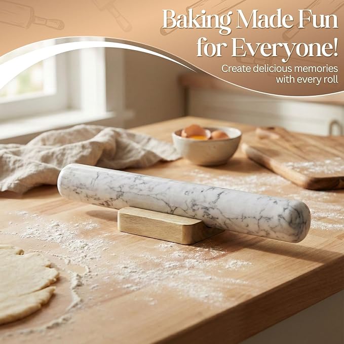 Flexzion French Rolling Pin, 12 Inch White Marble Rolling Pins for Baking with Wooden Base Holder Stand - Non-Stick Baking Roller for Baking Fondant, Crust, Pastry, Cookies, Pizza, Pasta