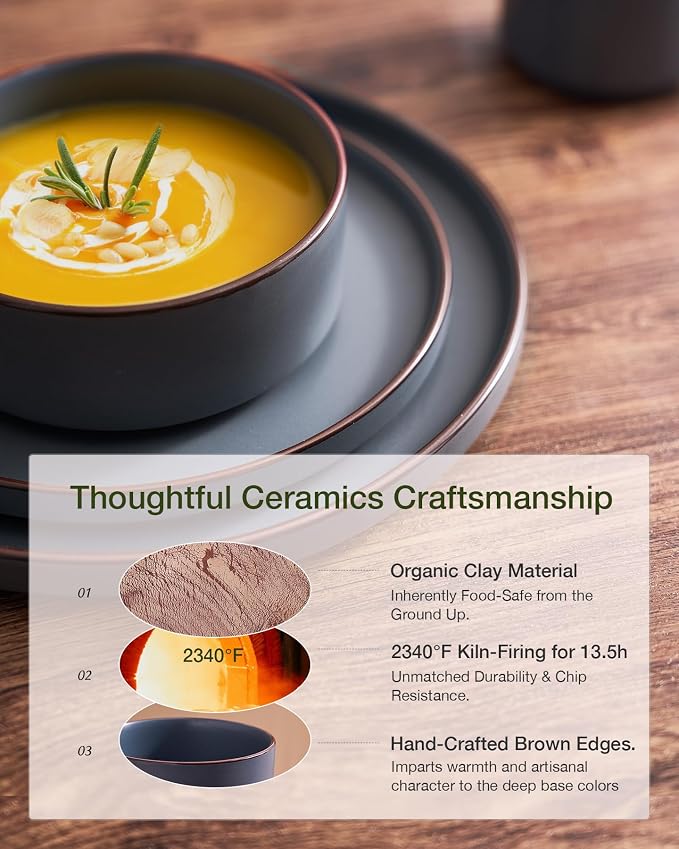 Famiware Nebula Ridge Stoneware Dinnerware Sets with Pasta Bowls, Plates and Bowls Sets, Service for 6 (24 Pieces), Microwave and Dishwasher Safe Kitchen Plates, Charcoal