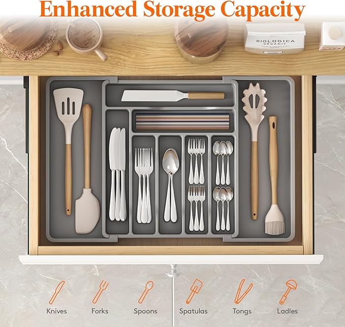 Lifewit Silverware Drawer Organizer, Expandable Cooking Utensil Tray, Adjustable Cutlery and Flatware Tray, Plastic Spoons Forks Knives Holder Storage Dividers, Large