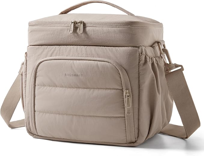 BAGSMART Puffy Insulated Lunch Bag, Lightweight Large 14L Double Deck Lunch Box for Women, Soft Cooler Tote for Office Work Travel Camping with Stretch Side Pockets Fits 40 oz Bottle, Camel