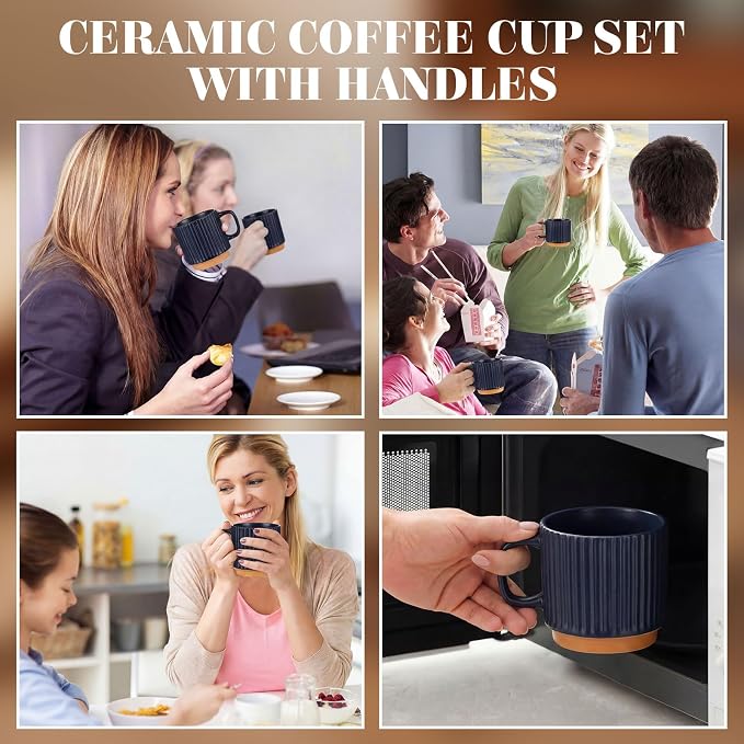 6 Set Ceramic Coffee Mugs with Gold Spoons, 8.8 oz Textured Ribbed Coffee Cups for Latte & Cappuccino, Modern Farmhouse Tea Mugs with Handle, Dishwasher & Microwave Safe(Dark Blue)