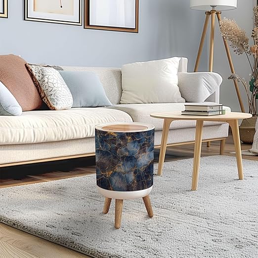 Trash Can with Lid Blue Marble Texture Italian Marble Slab Press Top Round Small Garbage Bin with Wooden Legs Waste Basket for Kitchen Bedroom Nursery 7L/1.8 Gallon