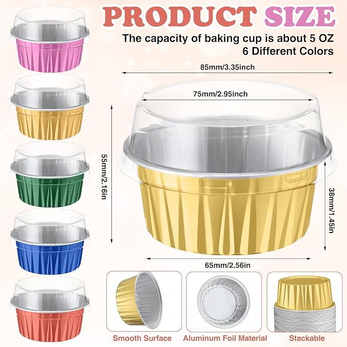 Gejoy 400 Pcs Aluminum Foil Baking Cups with Lids 5 oz Disposable Ramekins Mini Cake Pans Creme Brulee Cupcake Liners Muffin Dessert Container for Wedding Birthday Party (Classic,Bright Color)