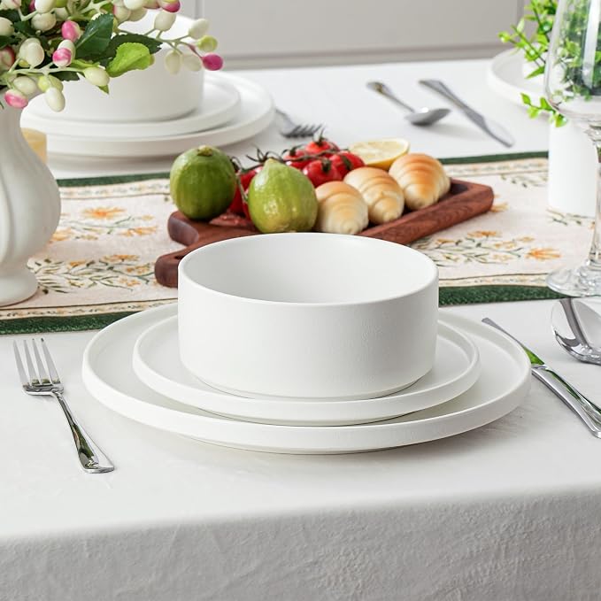12 Piece Ceramic Plates and Bowls Sets for 4, Modern White | Stoneware Dinnerware Set, Dishwasher & Microwave Safe, Handcrafted, Perfect for Family and Gatherings