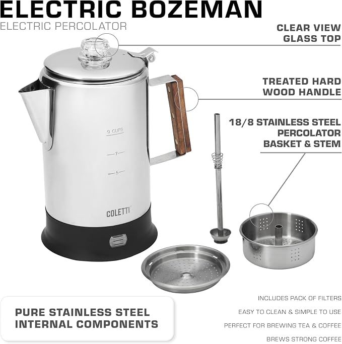 COLETTI Bozeman Electric Percolator — Percolator Coffee Pot, Coffee Percolator Electric – [9 cup, Stainless Steel]